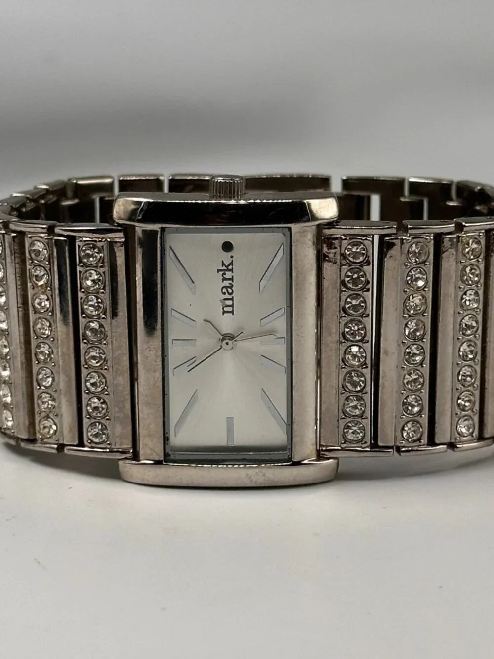 Mark by Avon Watch Womens Silver Tone Square Dial Rhinestones New Battery 7.5
